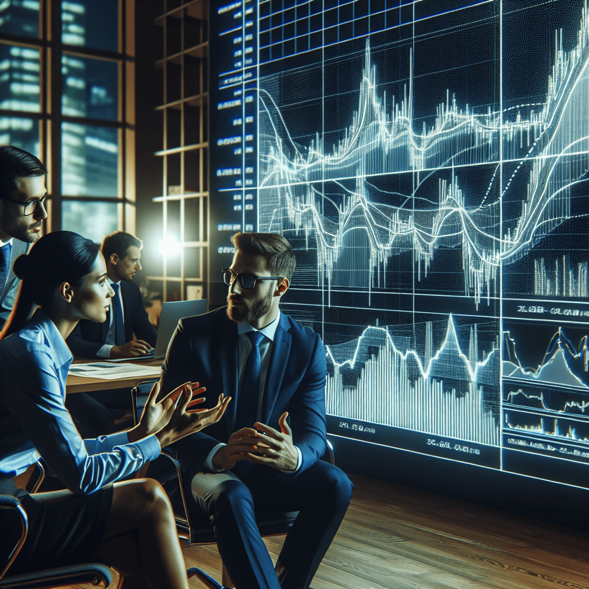 Traders engaged in a lively discussion in a modern office, analyzing a digital screen filled with colorful bar graphs and data symbols related to the convertible bond market, reflecting an atmosphere of intense collaboration and strategy.