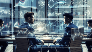 Two options traders seated at a desk, surrounded by multiple screens displaying charts and graphs, engaged in a focused conversation that highlights t